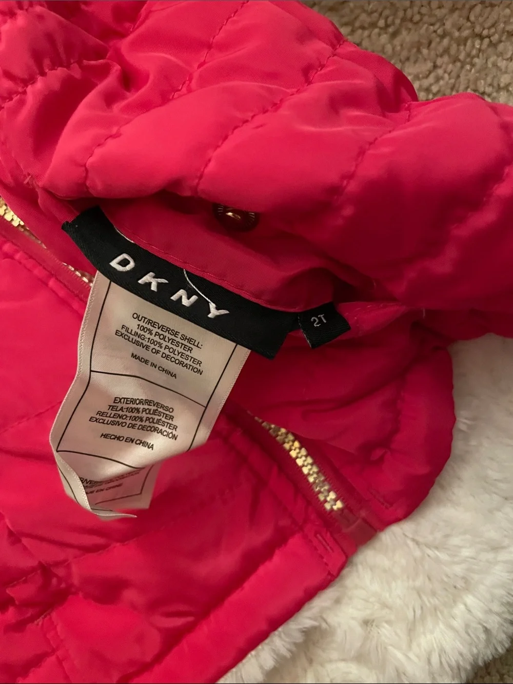 DKNY Girls' Bright Pink Reversible Hooded Quilted Puffer Coat